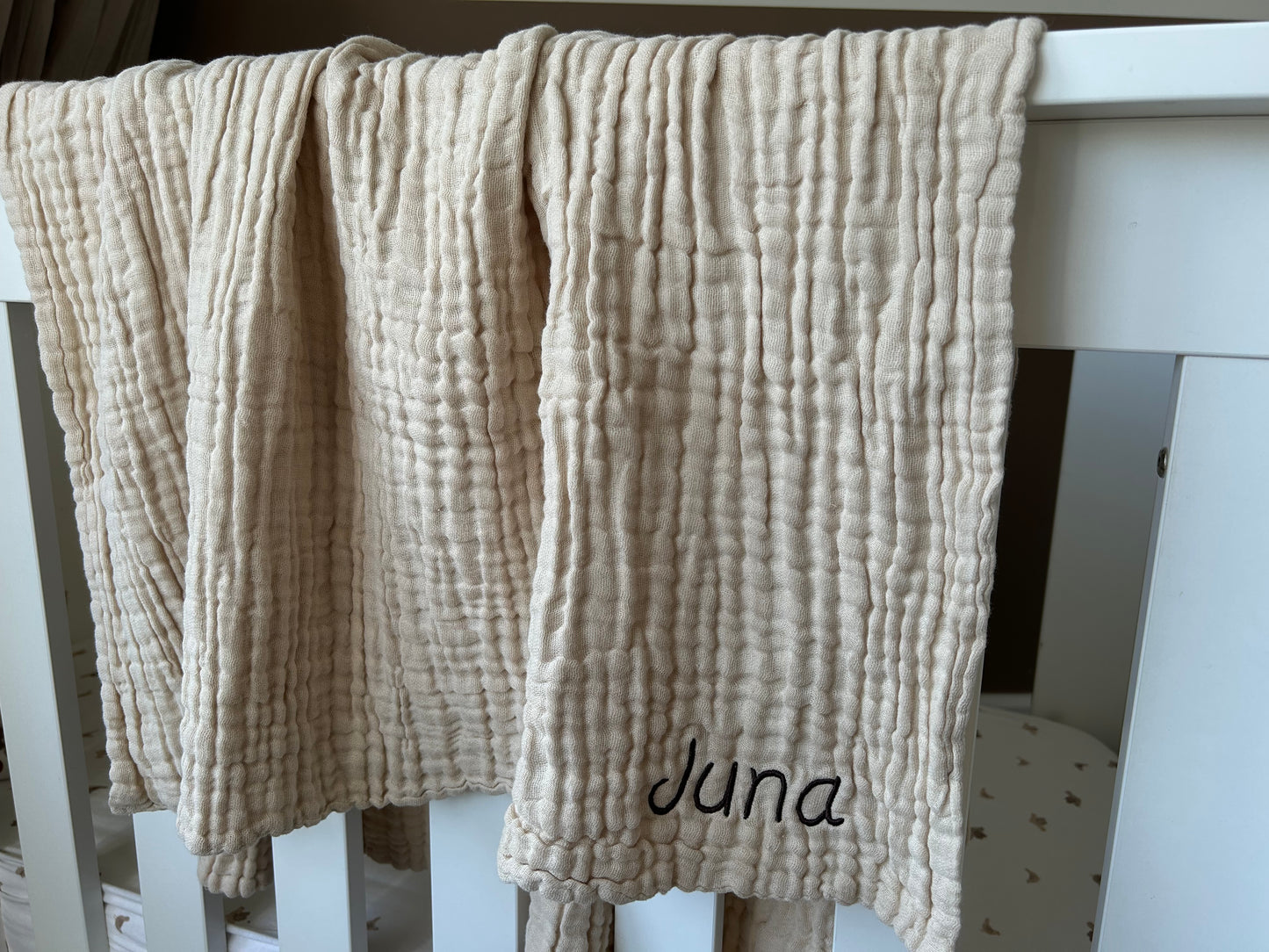 Mousseline stof, hydrofiele doek met naam