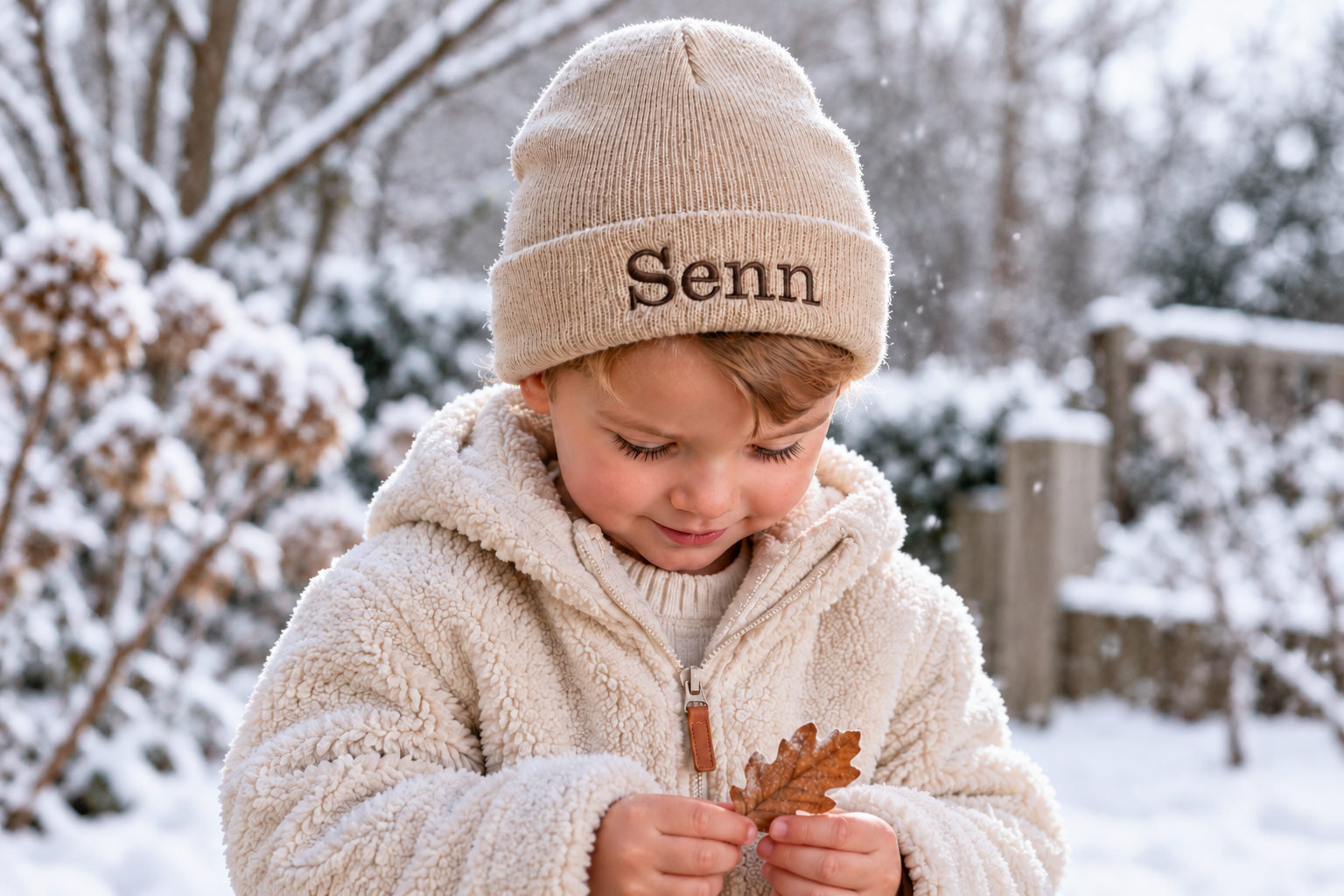 Een kindje met een beige wintermuts met naam in een besneeuwde tuin